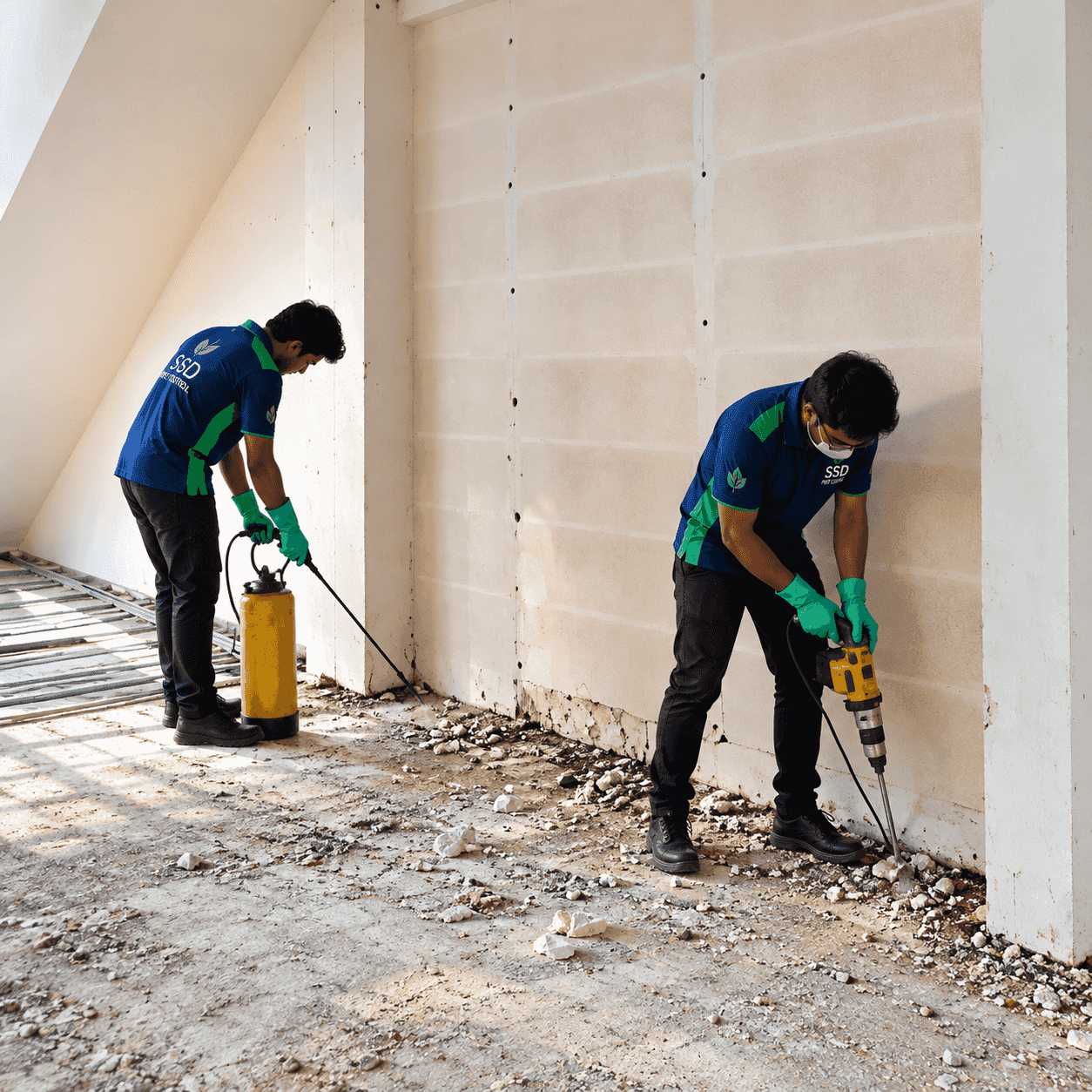 Two SSD technicians, one with a pressure sprayer and one drilling along a wall base, inside an unfinished room