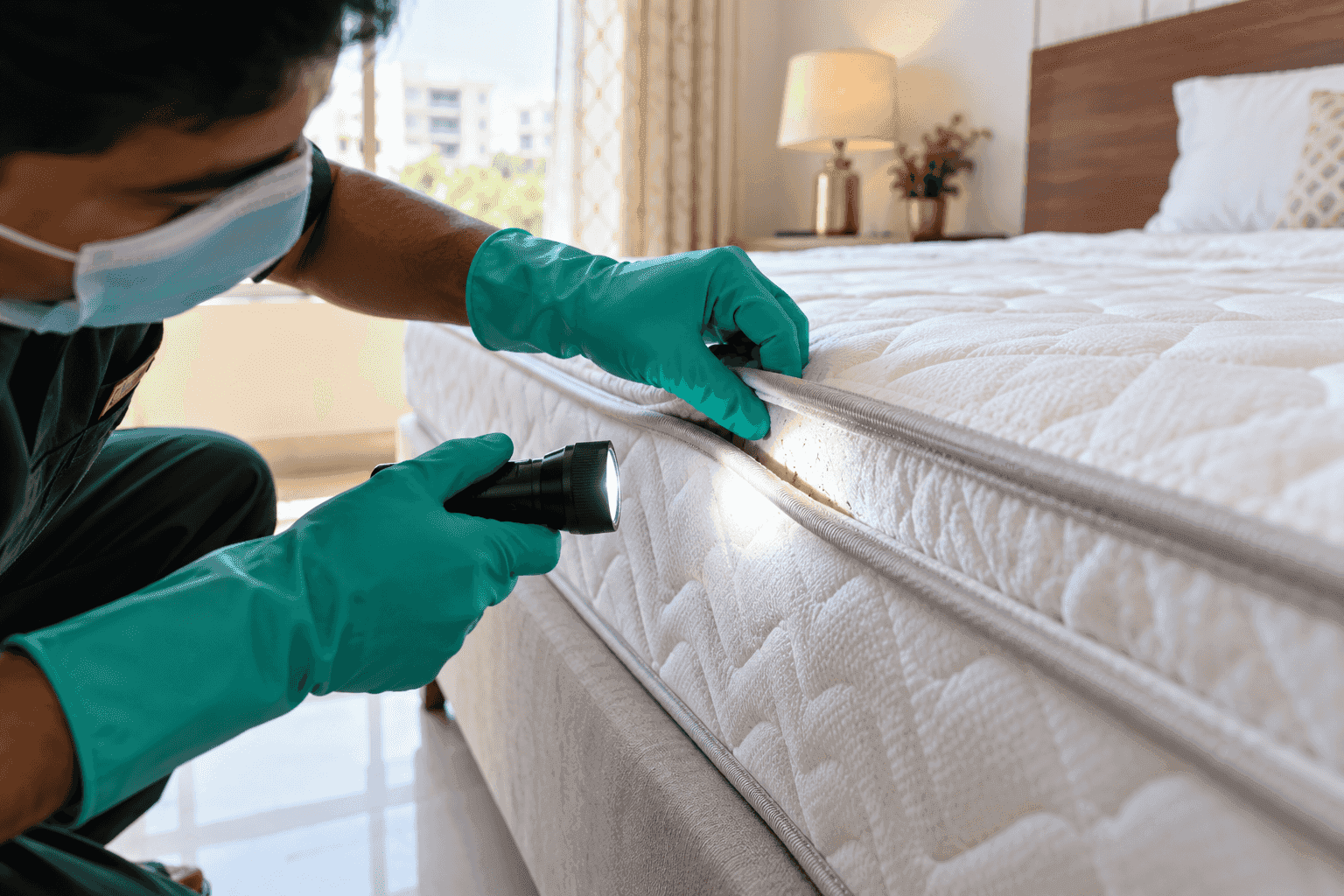 Close-up of a clean white mattress seam being inspected for bed bugs with a torch