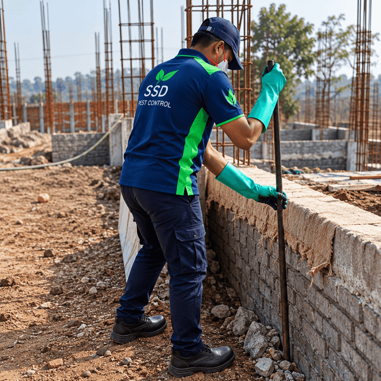 SSD technician treating the foundation trench at a building under construction