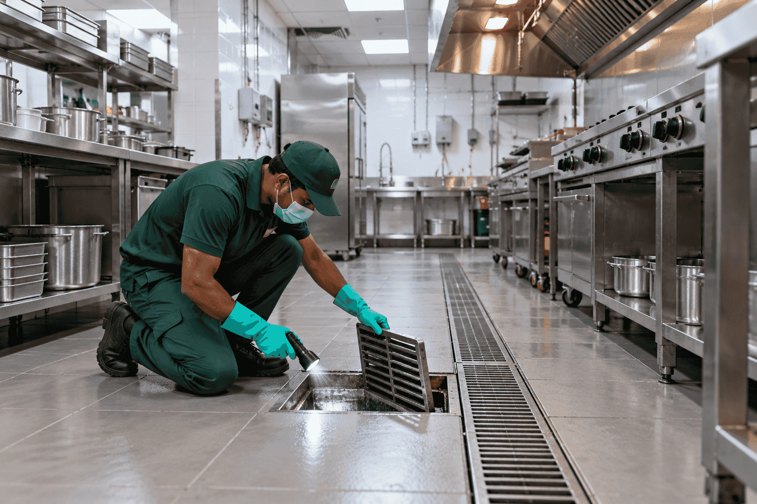 Clean stainless steel commercial kitchen with a technician checking a floor drain