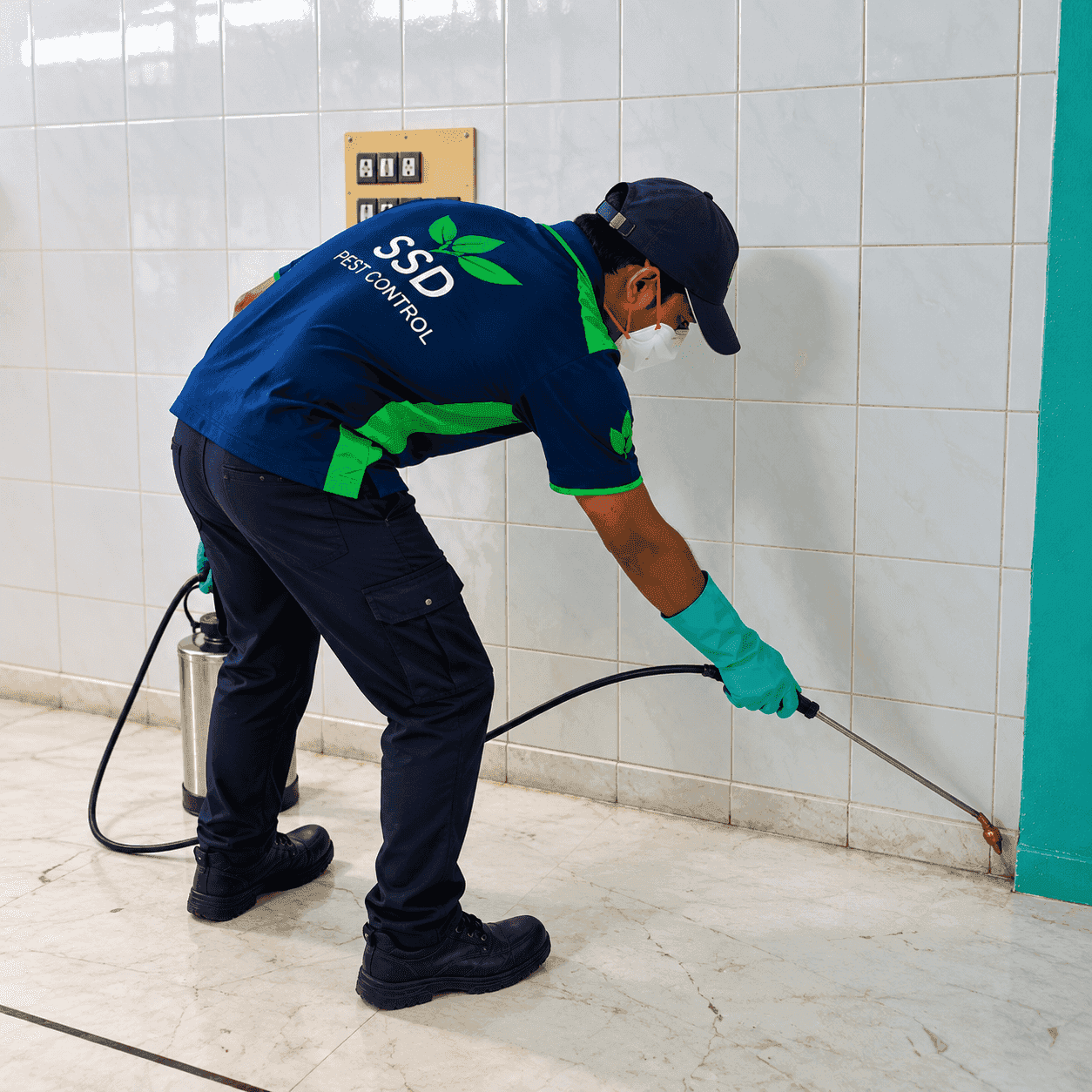 SSD technician spraying treatment along the tiled baseboard of an indoor corridor